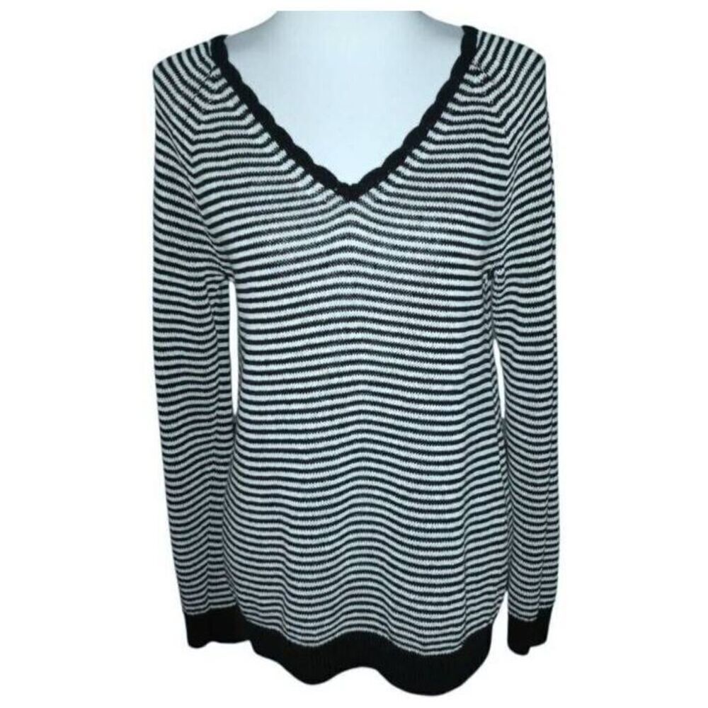 LOFT BLACK & WHITE STRIPE V-NECK SWEATER SZ.M EUC.